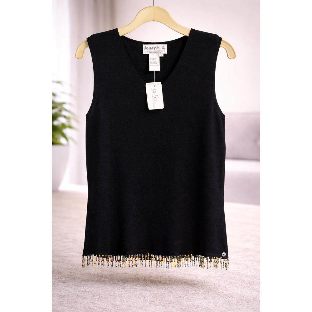 Joseph A NWT Silk Beaded Hem Sleeveless Top Black XL Designer Knit Tank